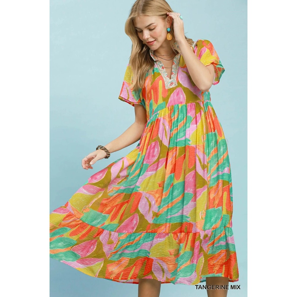 Umgee Abstract Tropical Print Tiered Midi Dress - Tangerine Mix - Large - Picture 1 of 5